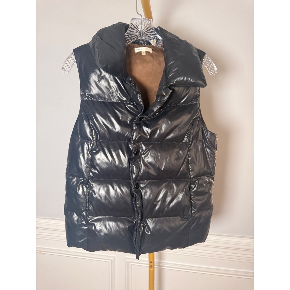 Vince Puffer Vest‎ Women Size L Black Nylon Quilted Glossy Snap Front